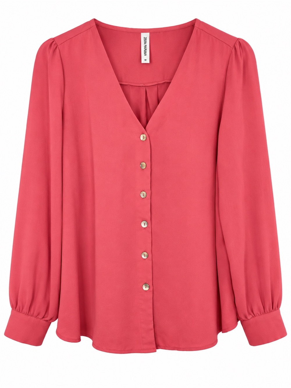 Zenana Premium Women’s Medium Pink V Neck Button Front Long Sleeve Blouse